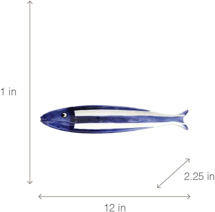 47th & Main Fish Shaped Dish Ceramic Tapas Bowl for Entertaining, 12" x 2.25", Blue/White