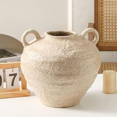 Uiddo Ceramic Flower Vase, Large Farmhouse Vases Home Decor, Handmade Rustic Vase with Handles, Decorative Flower Vase for Home Entryway Living Room Dining Table Farmhouse Office Decor(10.1inch)