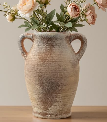 Ceramic Flower Vase, 10.2" Rustic Farmhouse Vase for Home Decor, Glazed Pottery Vase for Fresh Flowers, Pampas Grass, Coffee Table, Dining Table, Mantel and Bookshelf