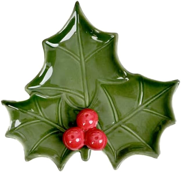 Christmas Holly Leaf Ceramic Trinket Dish, Green Leaf Tray with Red Berry Decor, Small Decorative Plate for Jewelry Snack Tabletop Home Xmas Decoration Gift