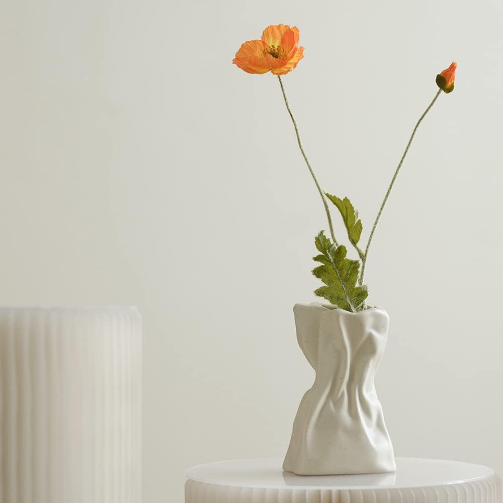 WENSHUO Crinkle Paper Bag Vase, Ceramic Flower Vase, 6-Inch, Matte Crème