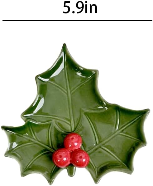 Christmas Holly Leaf Ceramic Trinket Dish, Green Leaf Tray with Red Berry Decor, Small Decorative Plate for Jewelry Snack Tabletop Home Xmas Decoration Gift