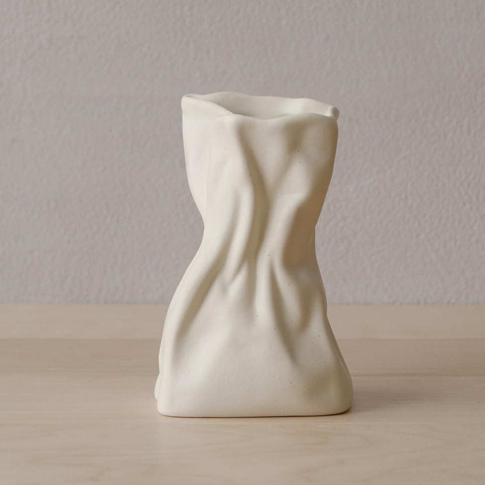 WENSHUO Crinkle Paper Bag Vase, Ceramic Flower Vase, 6-Inch, Matte Crème