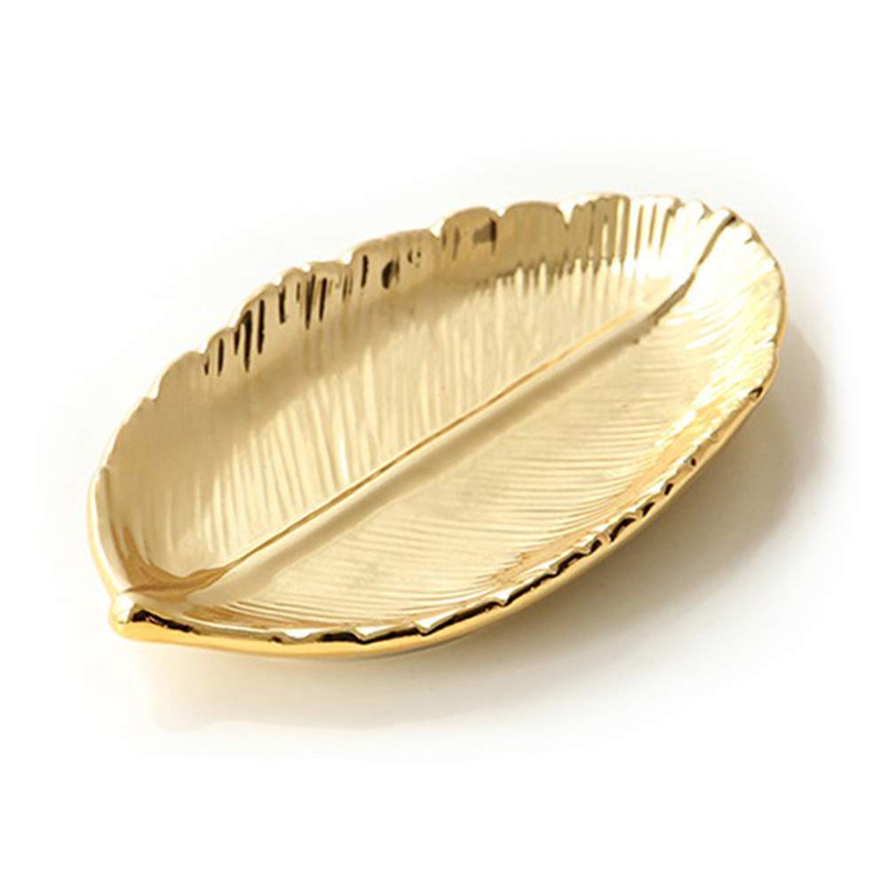 Lependor Golden Leaf Shaped Small Ceramic Jewelry Ring Dish Necklace Bracelet Holder Tray Organizer, Ceramic Decorative Trinket Dish for Wedding Party Woman Girl -Small Gold Leaf