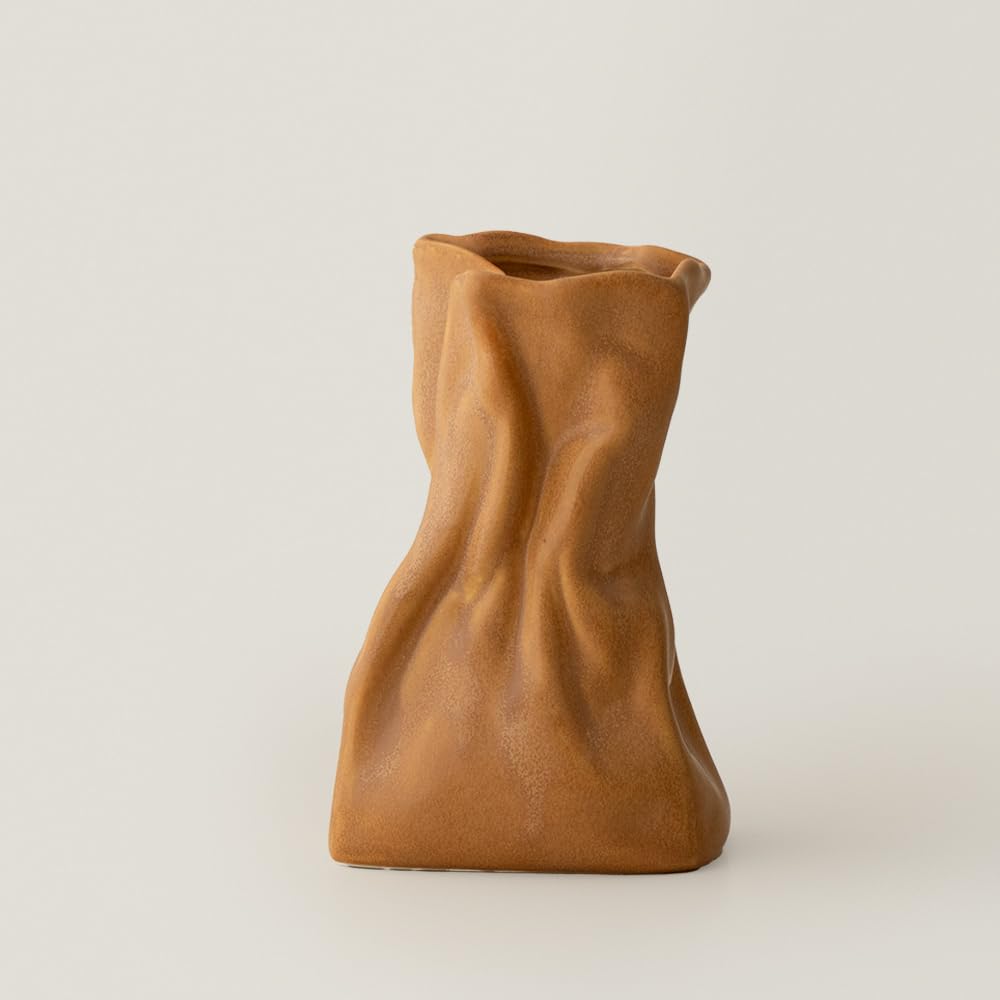 WENSHUO Crinkle Paper Bag Vase, Ceramic Flower Vase, 6-Inch, Matte Crème