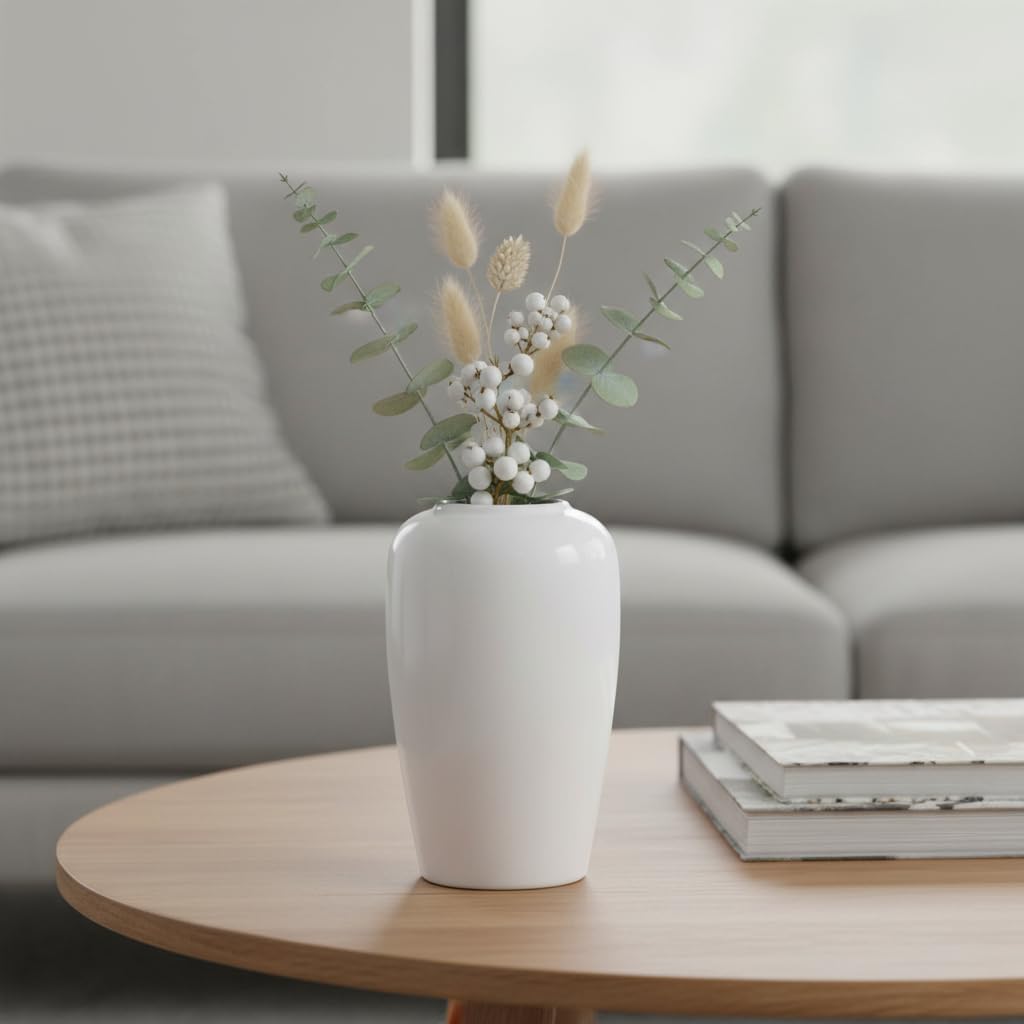 White Ceramic Vase for Centerpiece, 8 Inch Modern Vases Home Decor, Decorative Flower Vase for Pampas Grass, Coffee Table Living Room Small Shelf Kitchen Decor