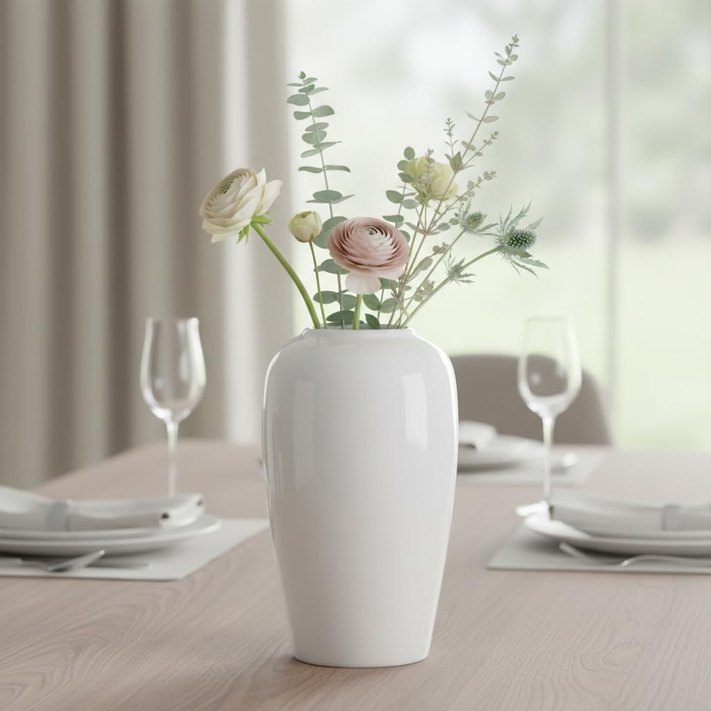 White Ceramic Vase for Centerpiece, 8 Inch Modern Vases Home Decor, Decorative Flower Vase for Pampas Grass, Coffee Table Living Room Small Shelf Kitchen Decor