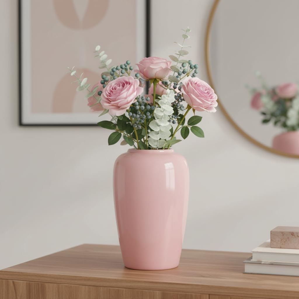 White Ceramic Vase for Centerpiece, 8 Inch Modern Vases Home Decor, Decorative Flower Vase for Pampas Grass, Coffee Table Living Room Small Shelf Kitchen Decor