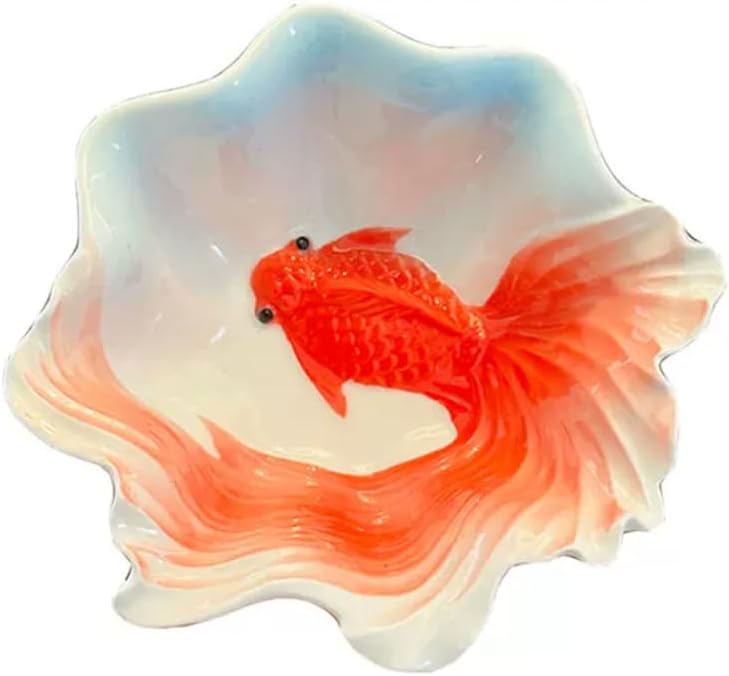 Goldfish Ceramic Bowl, Enamel Glaze Koi Fish Serving Dish, New Chinese Style Decorative Porcelain Rice Bowl, Microwave Safe Shallow Plate for Snack Sushi Sauce Home Kitchen Decor