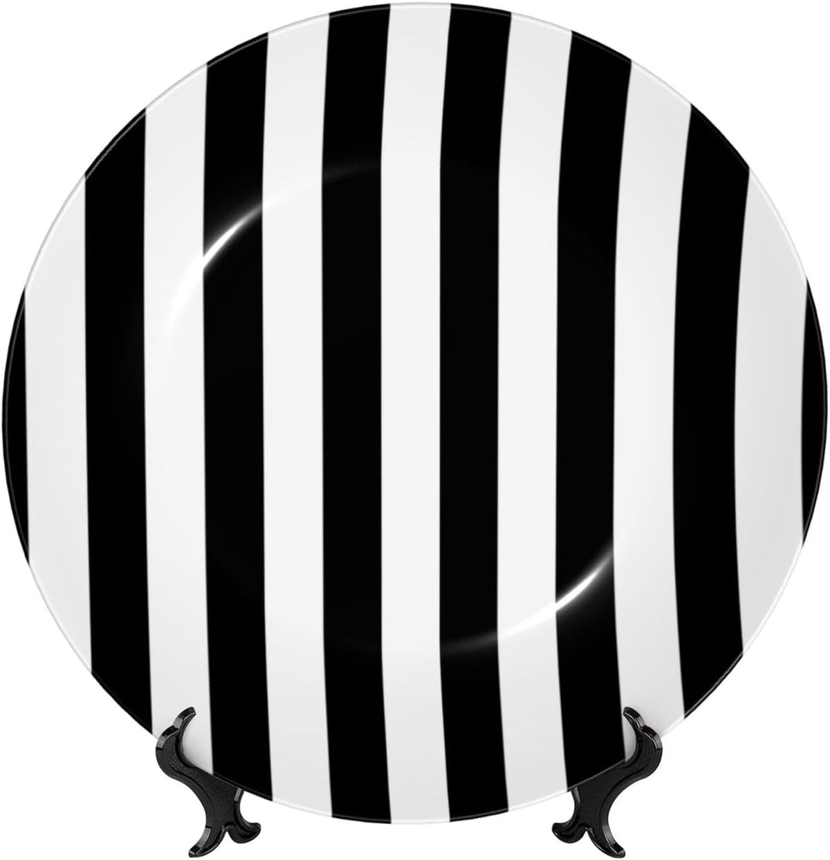 (Black & White Stripe) Bone China Decorative Plate with Stand and Hook Vintage 6in Round Ornament for Shelf Desk Wall Display Home Office Accent