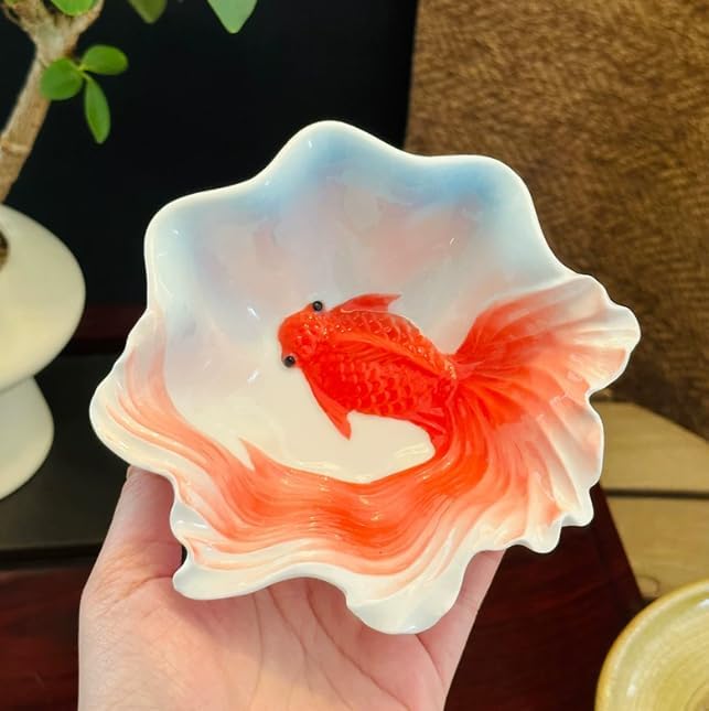 Goldfish Ceramic Bowl, Enamel Glaze Koi Fish Serving Dish, New Chinese Style Decorative Porcelain Rice Bowl, Microwave Safe Shallow Plate for Snack Sushi Sauce Home Kitchen Decor