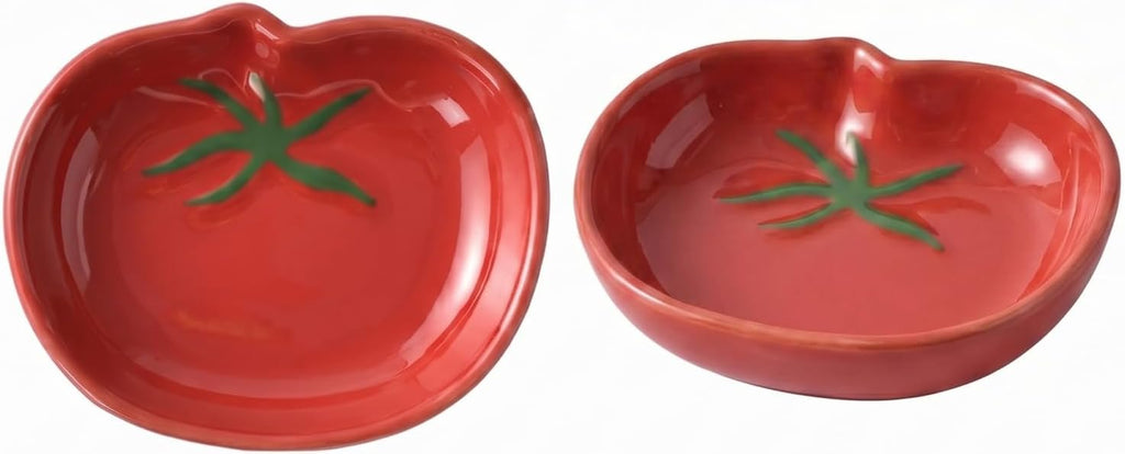 2 Pack Small Ceramic Tomato Pinch Bowls, 4.3 x 3.5 Inch - Food Shaped Spoon Rest, Tiny Condiment Dipping Sauces Dishes for Kitchen Counter, Red Vegetable Theme Decor