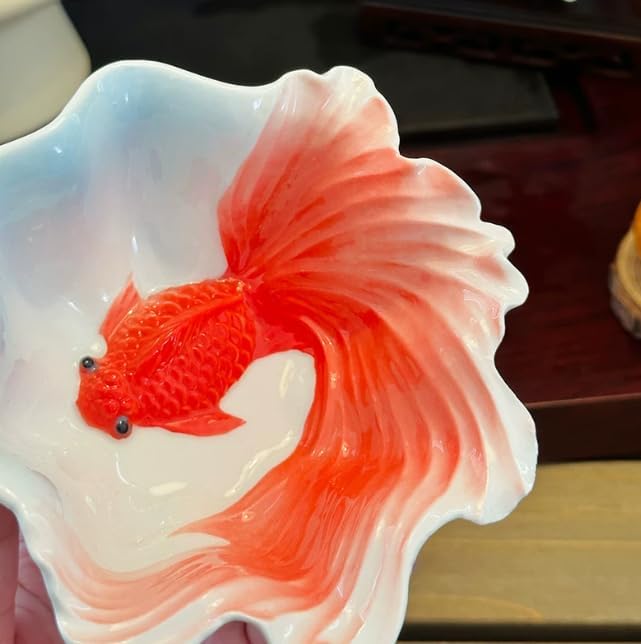Goldfish Ceramic Bowl, Enamel Glaze Koi Fish Serving Dish, New Chinese Style Decorative Porcelain Rice Bowl, Microwave Safe Shallow Plate for Snack Sushi Sauce Home Kitchen Decor
