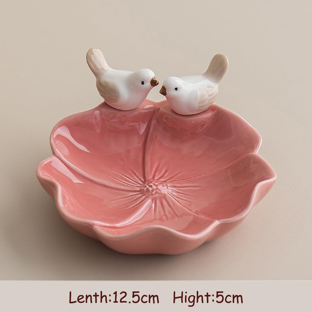 Lotus Leaf Bird Ceramic Jewelry Dish, Ring Tray for Women (Red)