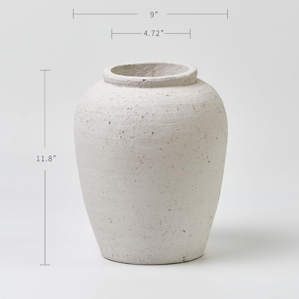 LB2 White Ceramic Large Vase, 11.8" Tall Zen Style, Terra Cotta Pitcher Vase, Distressed Farmhouse Decor, Pottery Decorative Flower for Home Decor (A - White 11.8")