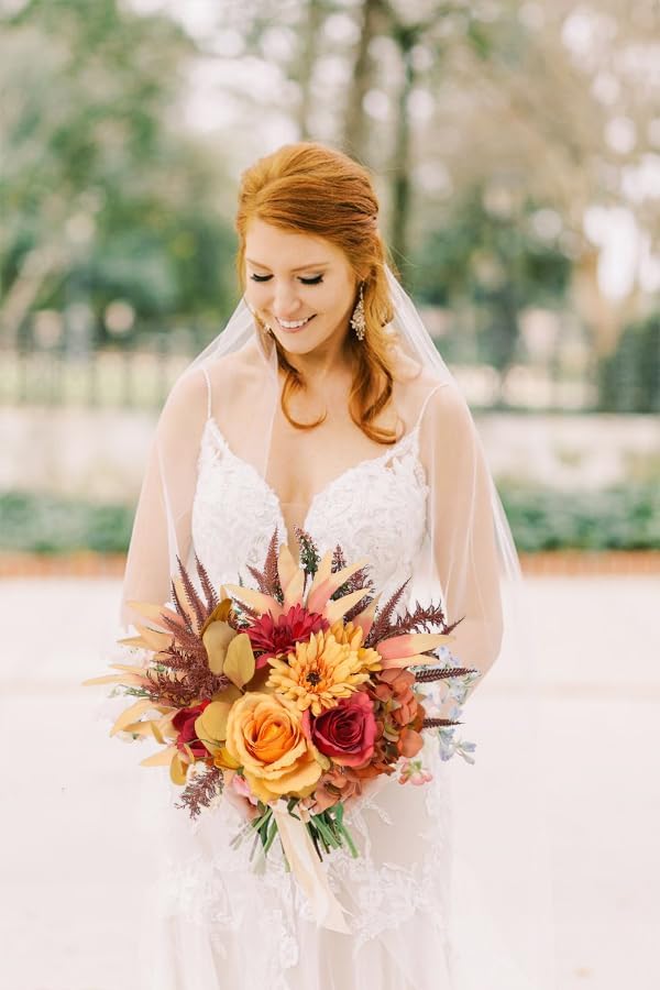 Artificial Fall Flowers Bouquet for Decoration, Fall Fake Silk Flower Arrangements Faux Autumn Flowers Fall Decorations for Home Indoor Office Wedding Bride Bouquets Tables Centerpieces Fall Decor
