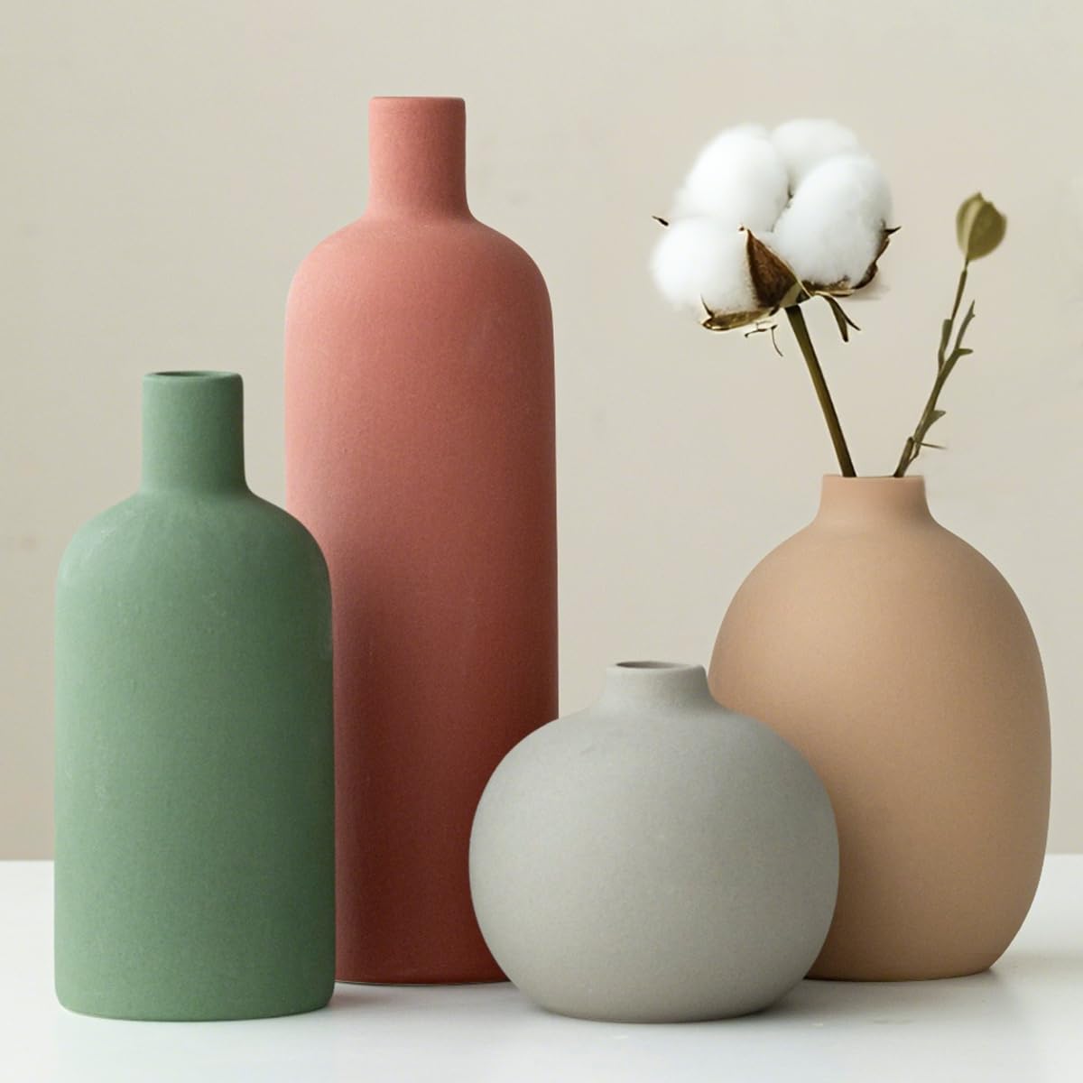 Modern Ceramic Vase Set, Neutral Colors, Decorative Vases for Home Decor, 4 Piece Collection (Beige)