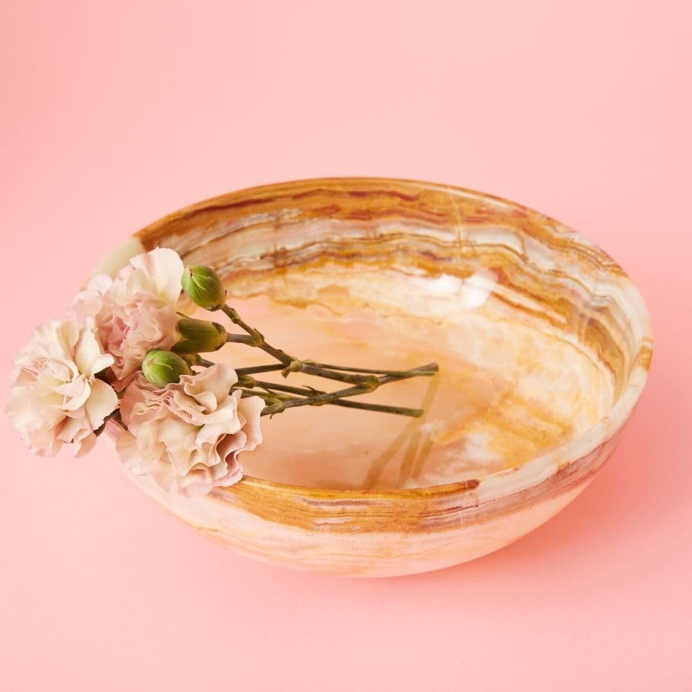 Onyx Marble Stone Bowl, Living Room Coffee Table Decor, Candy Snacks Fruits Dish, Kitchen Countertop, Entry Way Keys Holder, Office Desk Catchall, Housewarming Gift, 8" Wide, Pink Brown Green