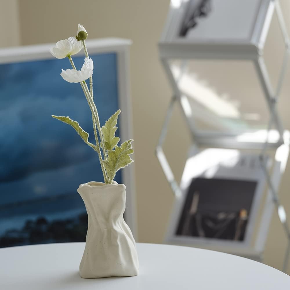 WENSHUO Crinkle Paper Bag Vase, Ceramic Flower Vase, 6-Inch, Matte Crème