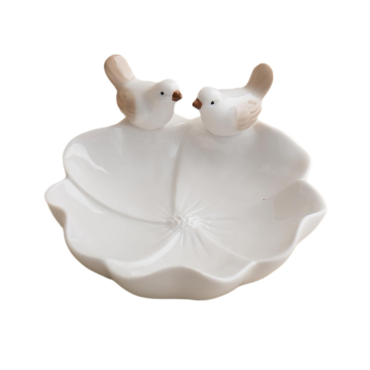 Lotus Leaf Bird Ceramic Jewelry Dish, Ring Tray for Women (Red)