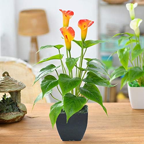 Beebel Artificial Flower Plants Calla Lily Faux Small Potted Plant with Black Pot Fake Bonsai Flower for Home, Office, Indoor and Outdoor Occasions Decor (Orange Fake Flower)