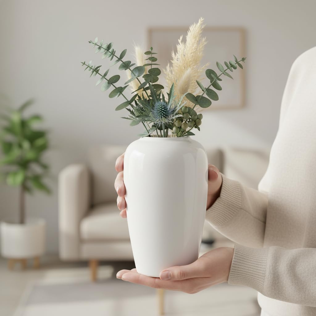 White Ceramic Vase for Centerpiece, 8 Inch Modern Vases Home Decor, Decorative Flower Vase for Pampas Grass, Coffee Table Living Room Small Shelf Kitchen Decor