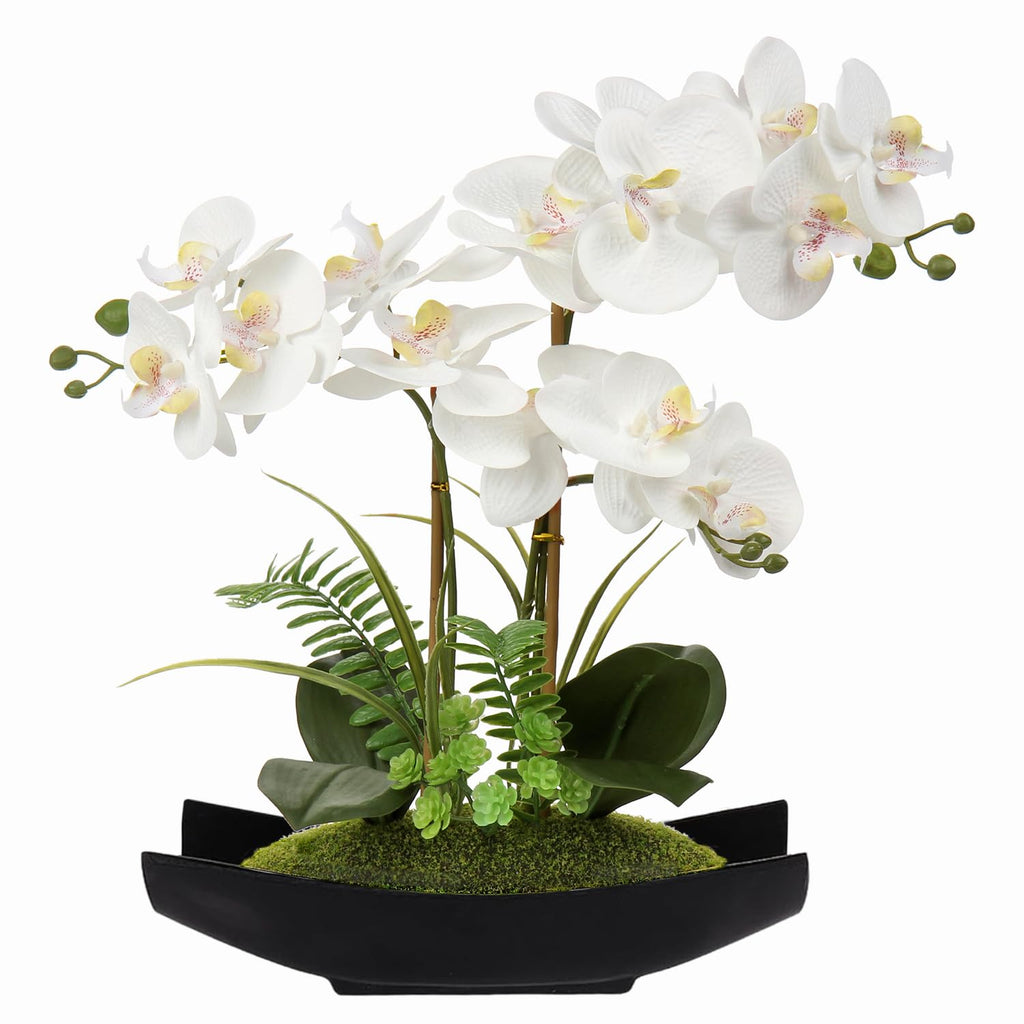 Briful 15" White Faux Orchid Arrangement in Silver Boat Pot Table Decor