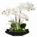 Briful 15" White Faux Orchid Arrangement in Silver Boat Pot Table Decor