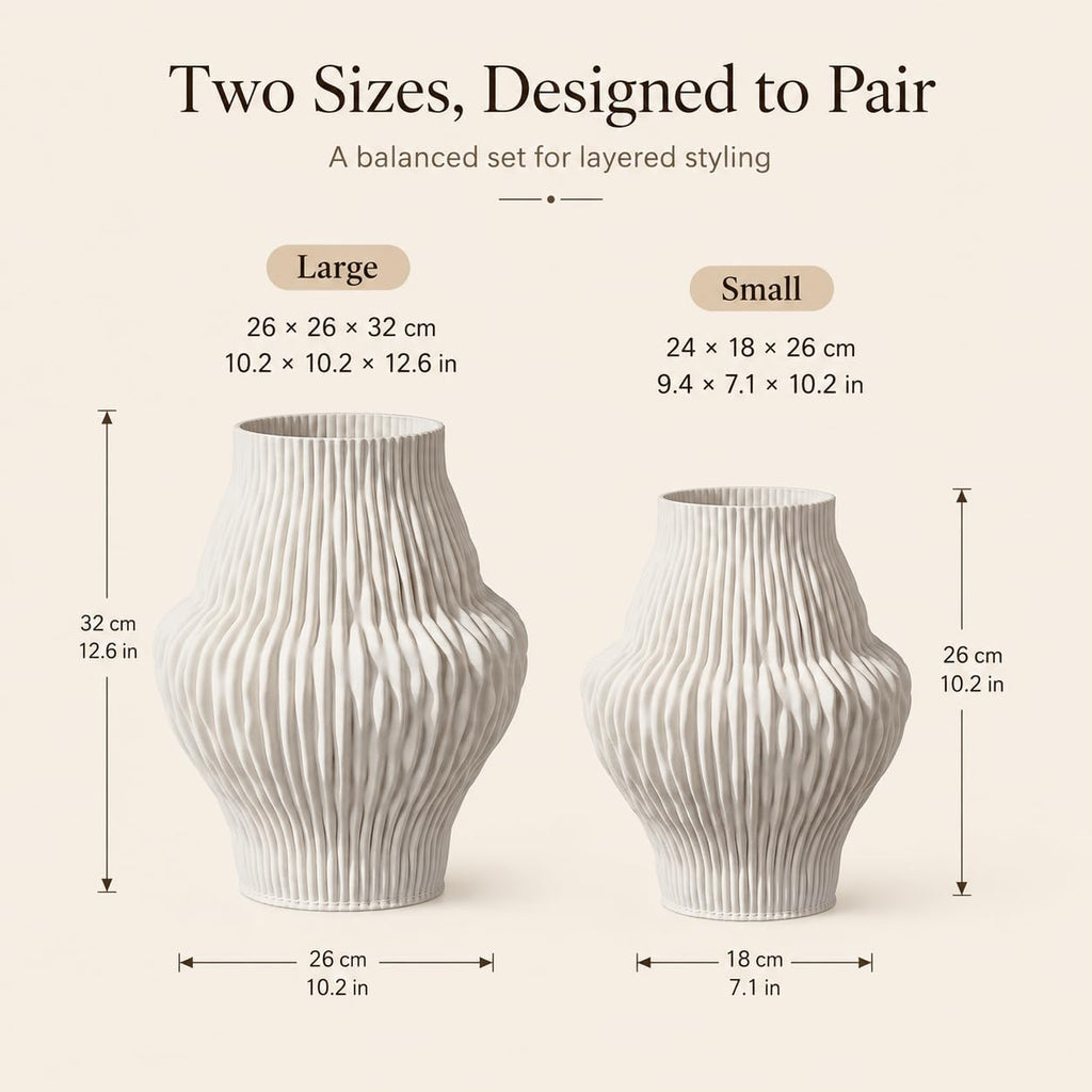Set of 2 White Ceramic Vases, Ivory Pleated Sculptural Flower Vases
