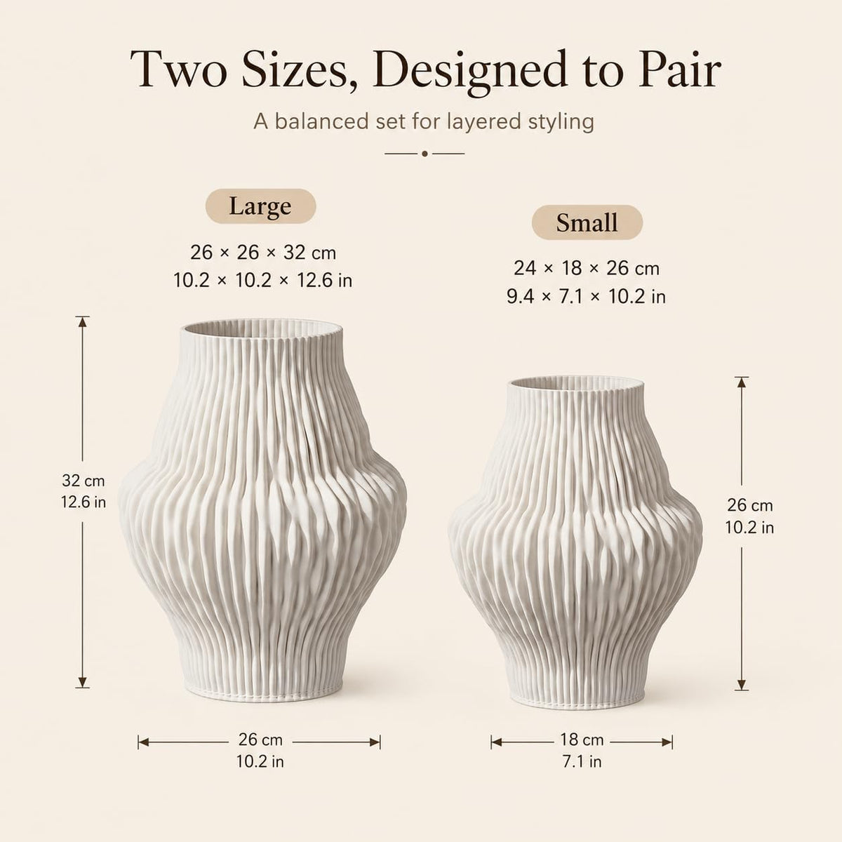 Set of 2 White Ceramic Vases, Ivory Pleated Sculptural Flower Vases