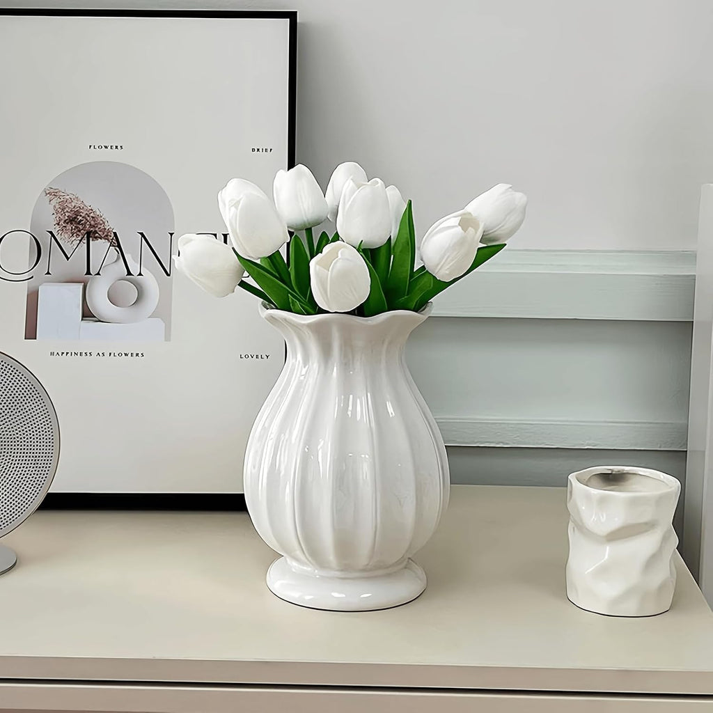 White Ceramic Flower Vase for Modern Home Décor, 7.5 Inch