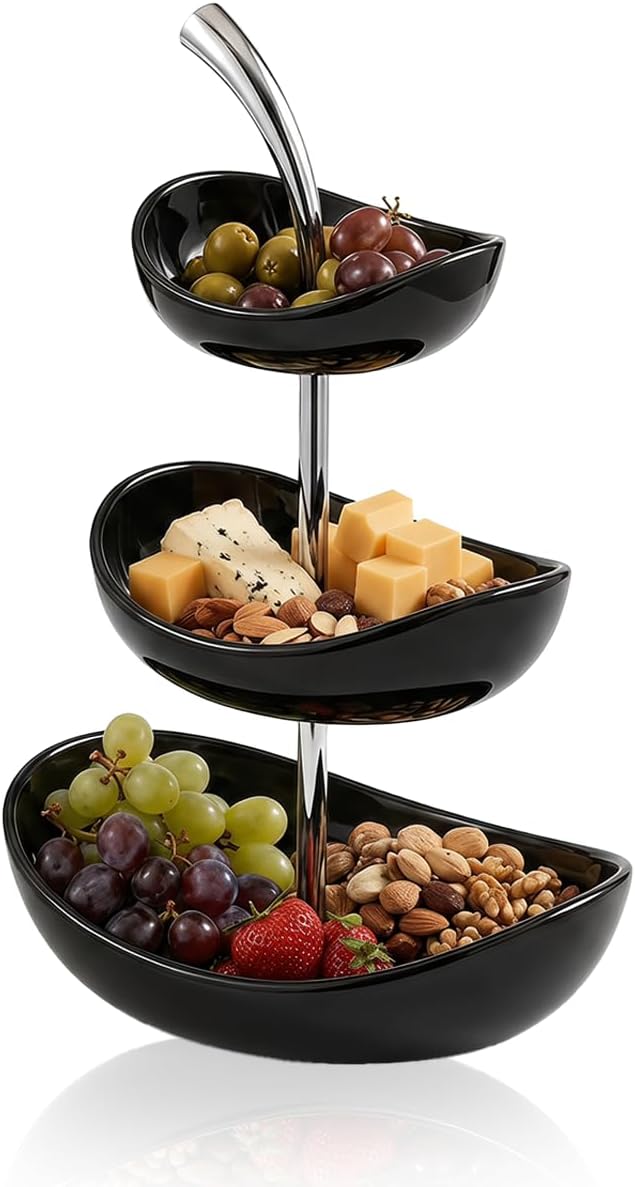 3-Tier Layer Cherry Shaped Ceramic Fruit Bowl，7 inch Color contrastingSnack，FruitPlate,Dessert Bowl,Modern Decorative Serving Platter for Coffee Table SnackPlate Pastry Plate