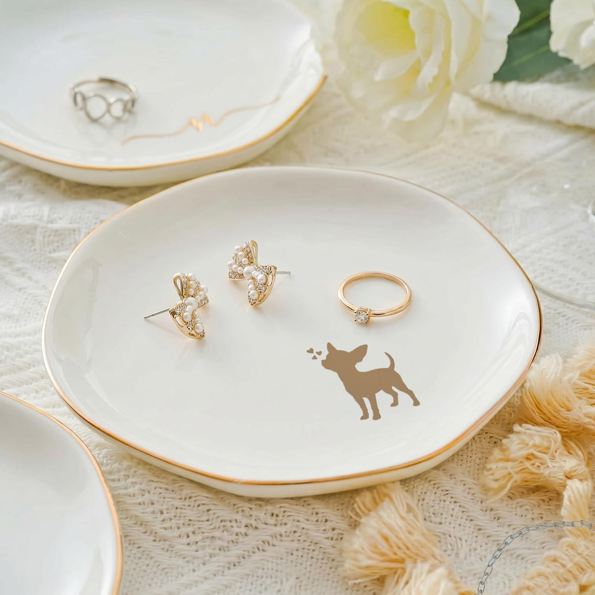 Chihuahua Jewelry Dish Tray for Dog Lover,Ceramic Trinket Tray, Key Bowl, Decorative Plate 4.7in