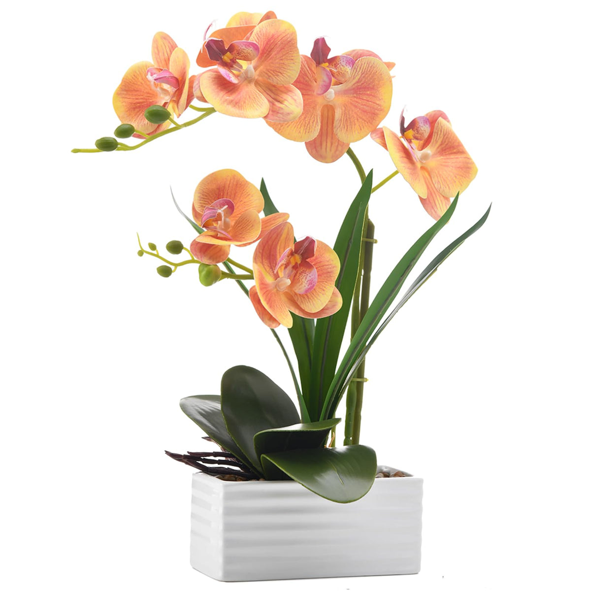 Artificial Real Touch Orchid Flowers with White Ceramic Vase, Orange