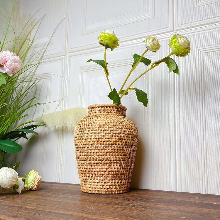 Small Rattan Vase, 7.9" High Hand Woven Wicker Flower Vase for Home Decor