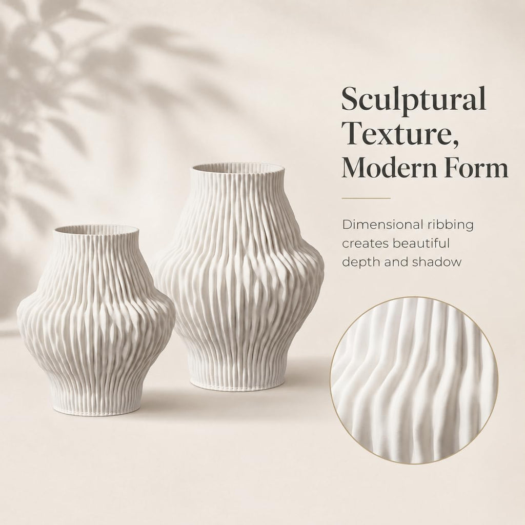 Set of 2 White Ceramic Vases, Ivory Pleated Sculptural Flower Vases