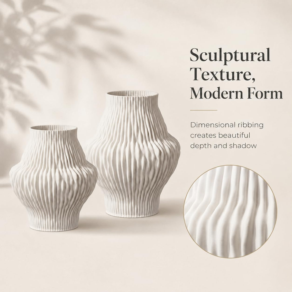 Set of 2 White Ceramic Vases, Ivory Pleated Sculptural Flower Vases
