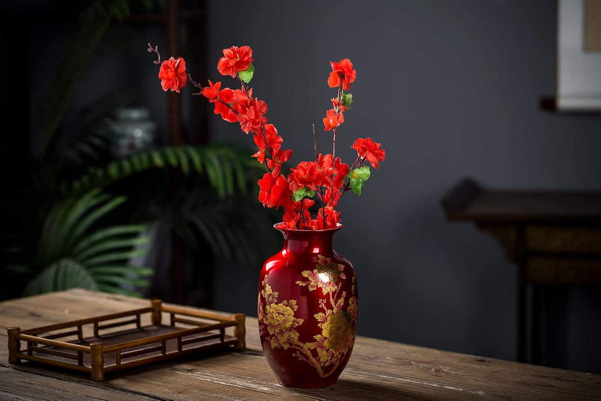 Red Vase Oriental Ceramic Flower Vases Tall 9"