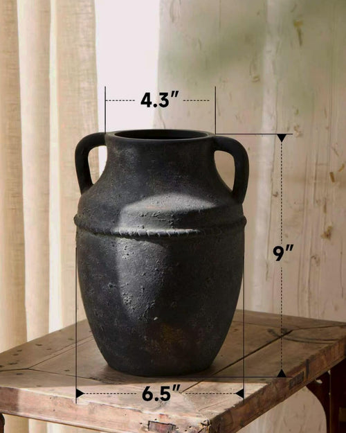 9" Vintage Ceramic Vase with Handles, Rustic Farmhouse Home Decor