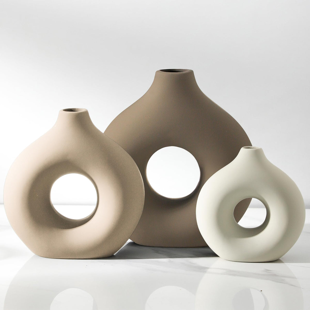 Vanselia Ceramic Vase Home Table Decor - Flower Vases Set of 3 Small Living Room Centerpiece Decorations for Shelf Bedroom Office Kitchen Dining Desk Modern Aesthetic Farmhouse Decorative (Brown)