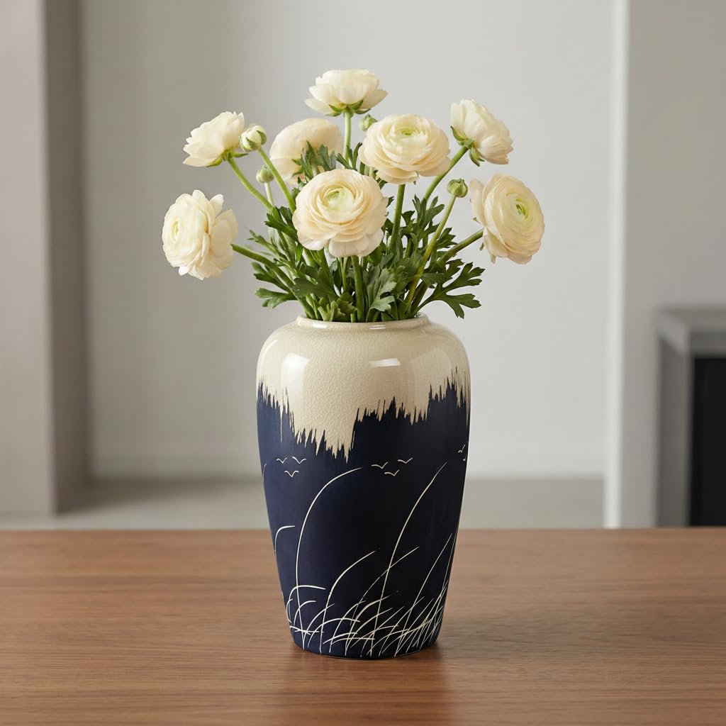 White Ceramic Vase for Centerpiece, 8 Inch Modern Vases Home Decor, Decorative Flower Vase for Pampas Grass, Coffee Table Living Room Small Shelf Kitchen Decor