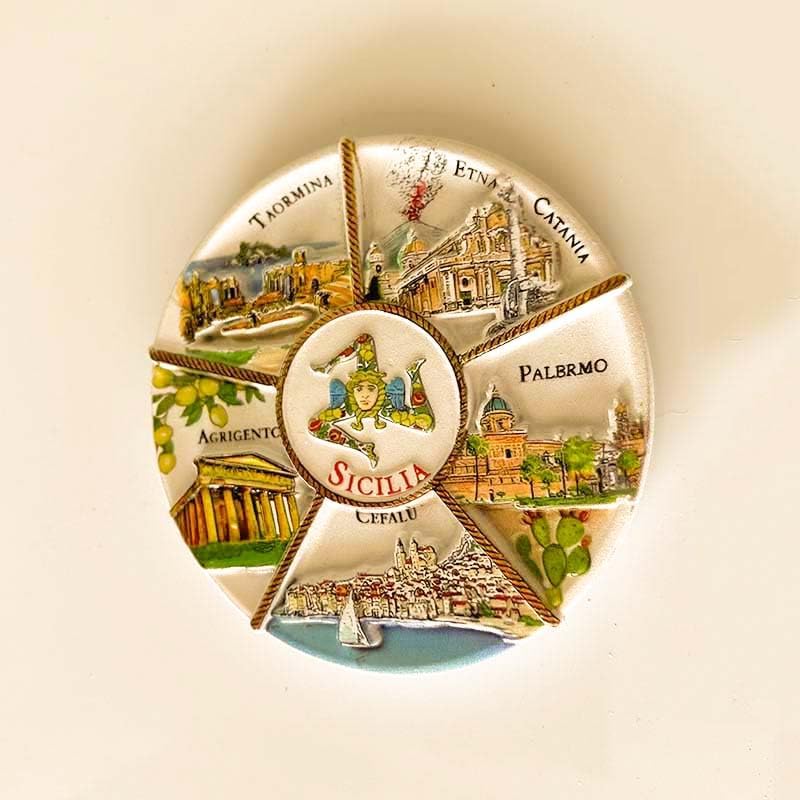 Sicilia Italian Cities Decorative Ceramic Plate, Hand-Painted Souvenir with Taormina, Etna, Agrigento, Palermo, Cefalu Landmarks, 3D Relief Design