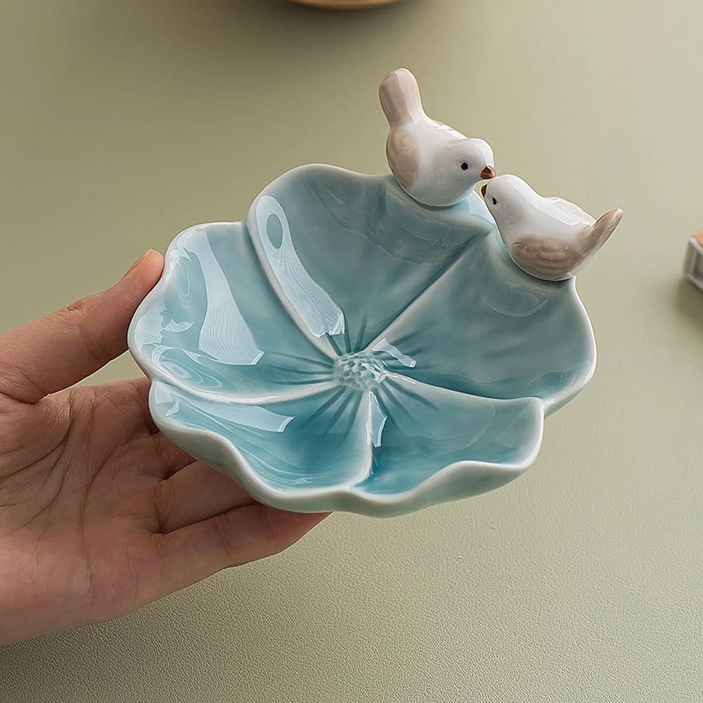 Lotus Leaf Bird Ceramic Jewelry Dish, Ring Tray for Women (Red)