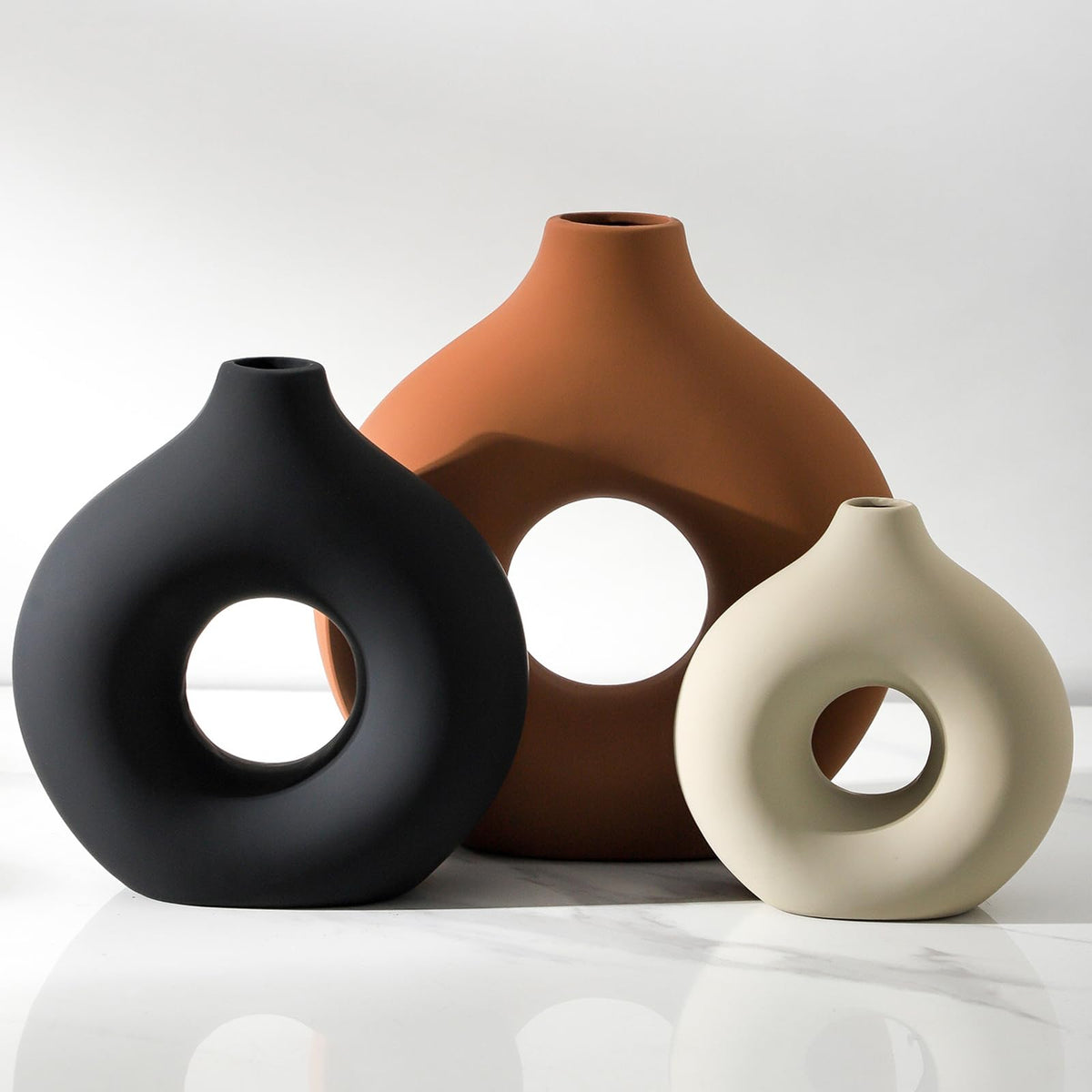 Vanselia Ceramic Vase Home Table Decor - Flower Vases Set of 3 Small Living Room Centerpiece Decorations for Shelf Bedroom Office Kitchen Dining Desk Modern Aesthetic Farmhouse Decorative (Brown)