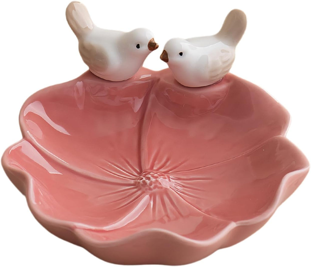 Lotus Leaf Bird Ceramic Jewelry Dish, Ring Tray for Women (Red)