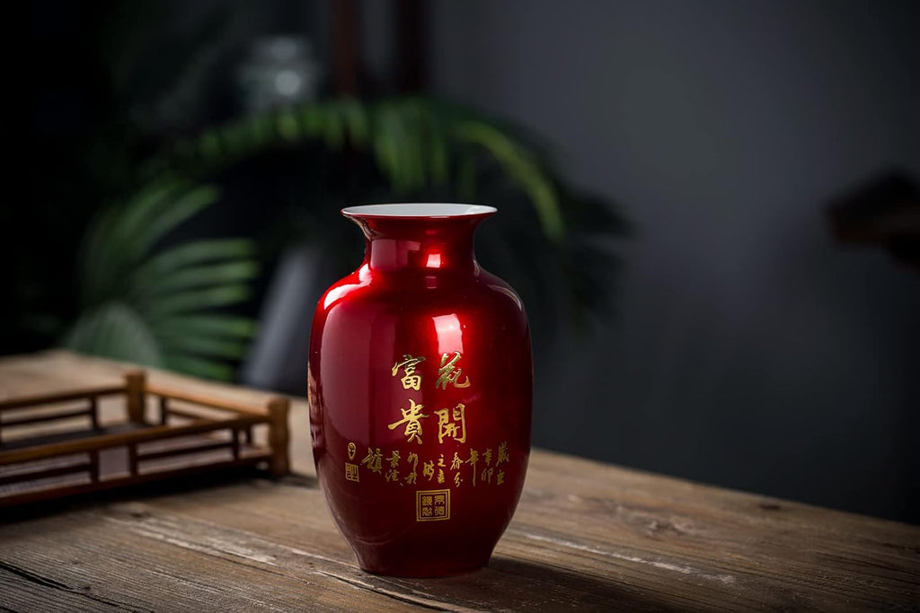 Red Vase Oriental Ceramic Flower Vases Tall 9"