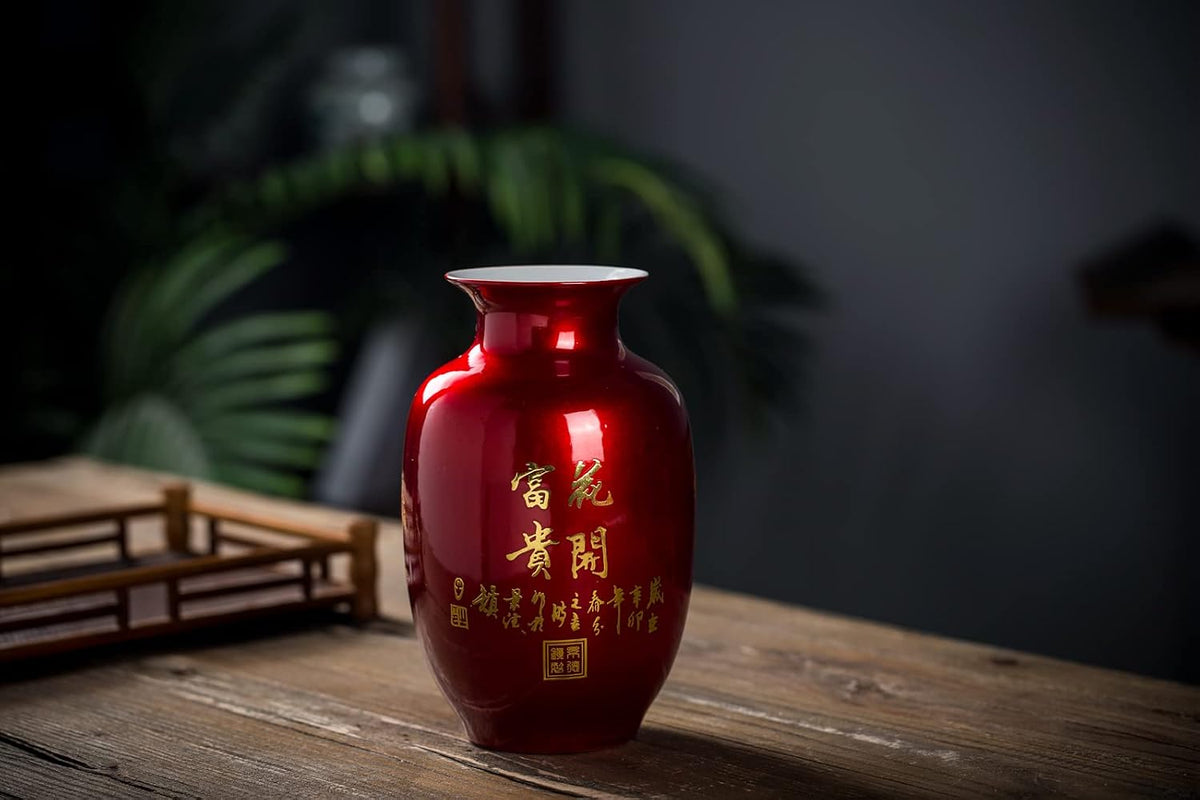 Red Vase Oriental Ceramic Flower Vases Tall 9"