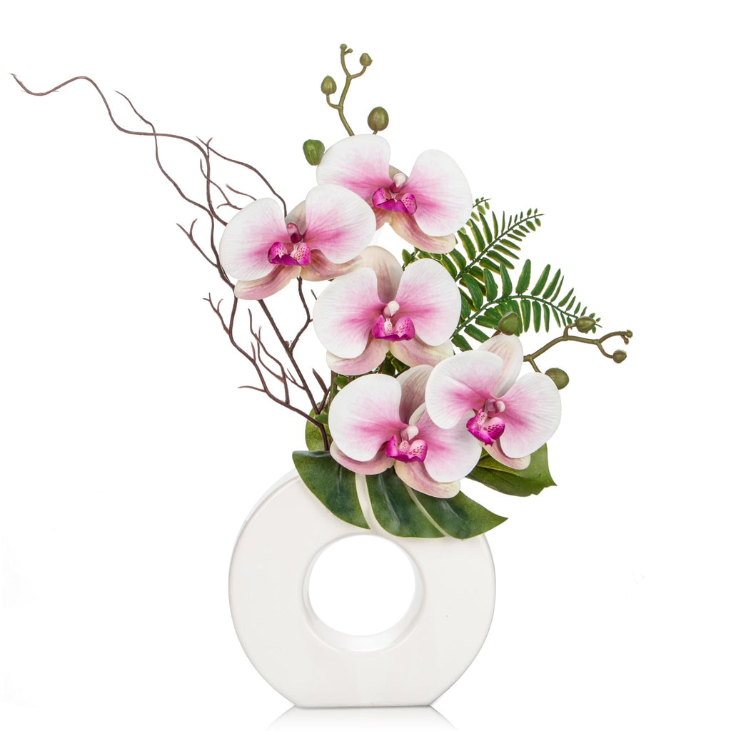 Briful 16.1" Orchid Artificial Flowers in Black Ceramic Vase, White