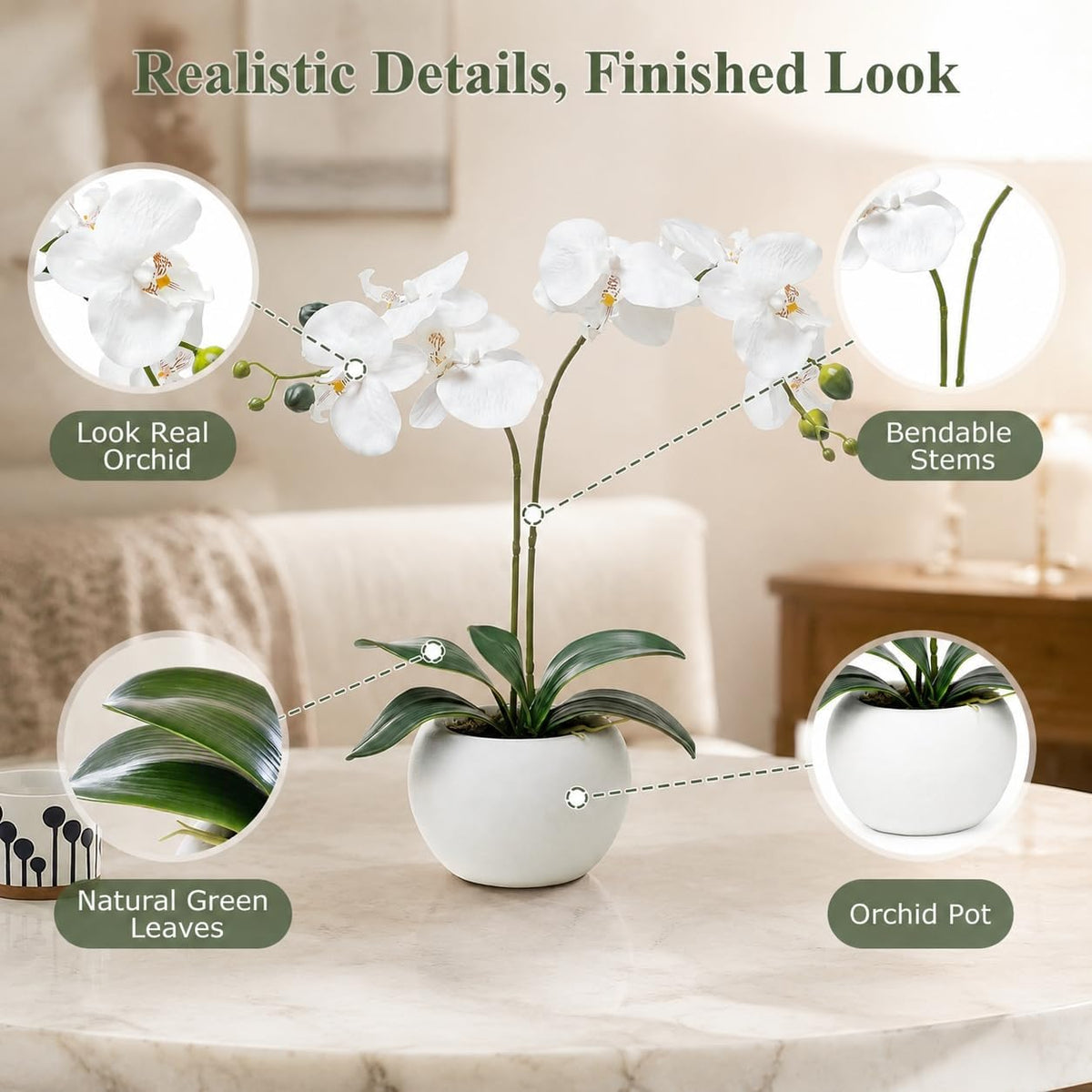 Artificial Flowers Indoor, White Fake Orchid in Pot