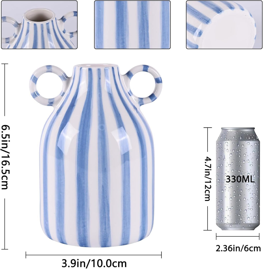 Blue and White Ceramic Vase with Handle, Nordic Boho Small Vases Side Table Flower Centerpiece, Wide Mouth Single Flower Vase Pampas Grass Decorative - for Home Window Sill Living Dining Room Kitchen